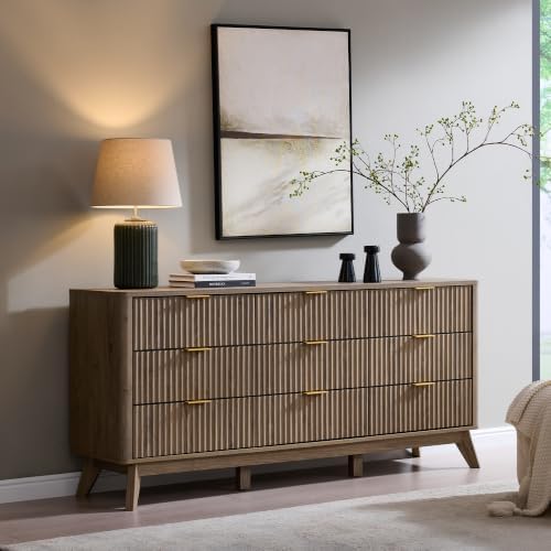 T4TREAM 63" Wide Fluted 9 Drawer Dresser for Bedroom, Grey Alder