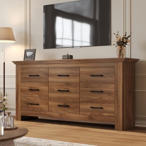9 Drawer Dresser for Bedroom, Wood Dresser Chests of Drawers with Metal Handle, Triple Wide Dressers, Vintage Design Storage Chest Cabinet and Organizer Drawers for Closet, Hallway, Entryway, Walnut