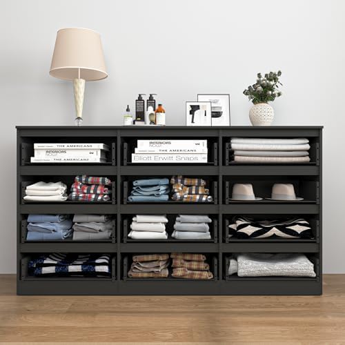 VERYKE Black 12 Drawer Dresser for Bedroom,Chest of Drawers with No-Handle Design for Closet,Modern Wood Dresser Bedroom Storage Furniture