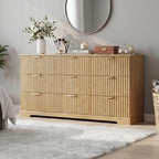 Wooden 9 Drawer Dresser for Bedroom, Fluted Dresser with Storage and Metal Handle, Modern Chest of Drawers for Living Room, Entryway, Natural Oak