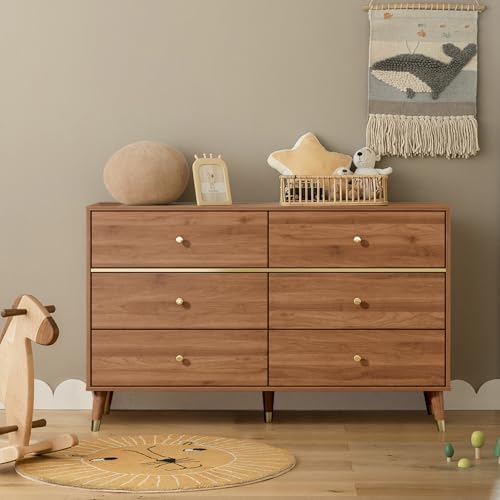 Chrangmay 6 Drawer Dresser,47" Wide Mid Century Chest of Drawers,Wooden Bedroom Drawer Dresser with 6 Storage Drawers for Bedroom,Living Room,with Anti-Tipping Device,Walnut.HT