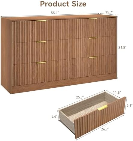 6 Drawer Dresser for Bedroom, 55" Wide Fluted Chest of Drawers