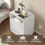 BORNOON Dresser with 2 Drawers and Charging Station, Fluted Bedside Table with Round Curved Corner, Hidden Handles, 2 AC Outlets and 2 USB Ports, Modern Wood End Table with Open Shelf for Bedroom