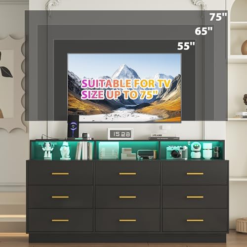knoworld Black 9 Drawer Dressers for Bedroom, Modern Large Dresser with LED Light and Power Outlet, Wooden Long Dressers, Triple Dresser for Bedroom, Entryway, Hallway