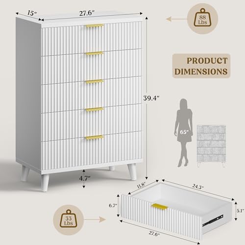 Wood Tall 5 Drawers Dresser, 27.6" W Fluted Modern Dressers for Bedroom