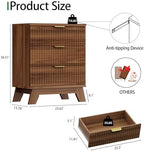 Xixini Fluted Nightstand with 3 Drawers, 24" Wide Side Table, Walnut