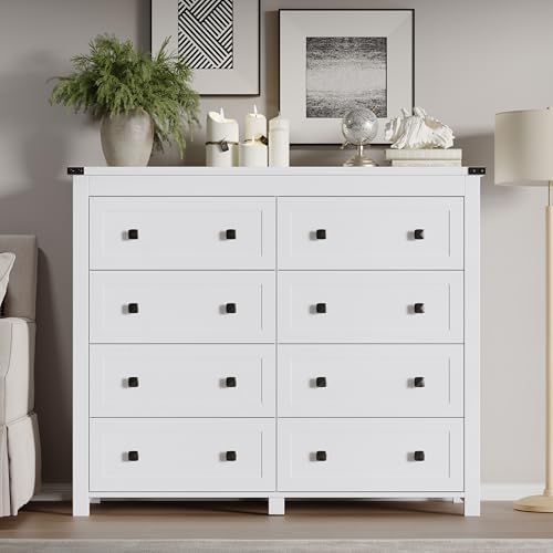 BORNOON Tall 8-Drawer Dresser, Modern Wooden Storage Chest of Drawers, Dresser TV Stand, Wood Drawer Organizer with Metal Handles for Bedroom, Living Room, Hallway