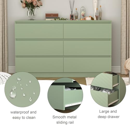 Green Dresser for Bedroom, Modern Large 6 Drawer Dresser with Deep Drawer,Wide Storage Chest of Drawers,TV Stand for Living Room