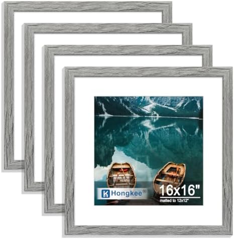 Hongkee 16x16 Frame Set of 4, 16 x 16 Grey Wood Style(Mat 12x12)