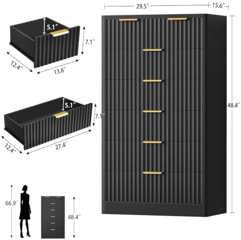 TEENOFN Fluted Dresser for Bedroom with 7 Drawers, 48" Tall Modern Chest of Drawers with Metal Handle, Wooden Dresser TV Stand, Wood Closet Clothes Storage Organizer for Living Room, Hallway, Black