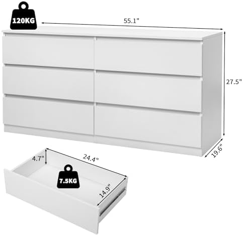 Karl home White 55-Inch 6 Drawer Modern Dresser, Bedroom Storage Chest