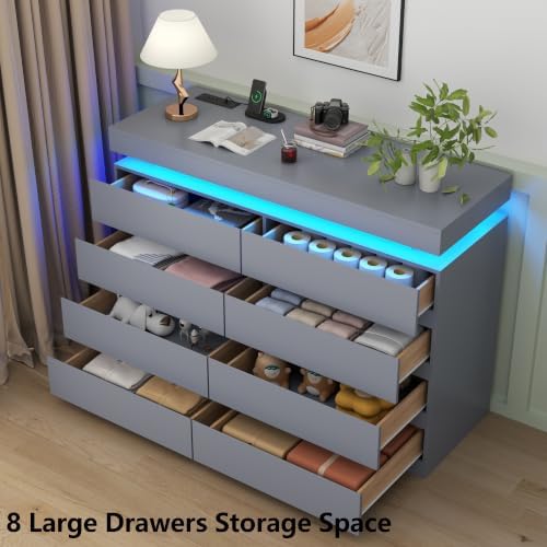 Gyfimoie 8 Drawer Dresser with Power Outlet, Modern Dresser with LED Light