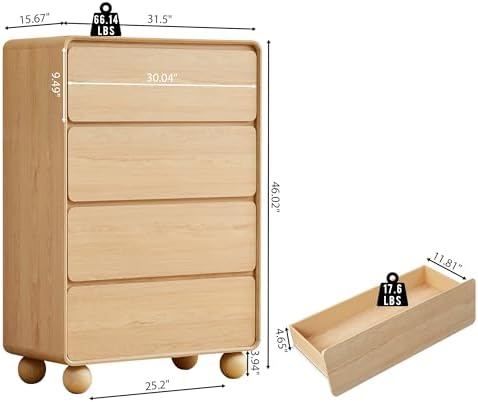 46" Tall Wooden 4 Drawer Dresser for Bedroom,Modern Chest of Drawer,Natural
