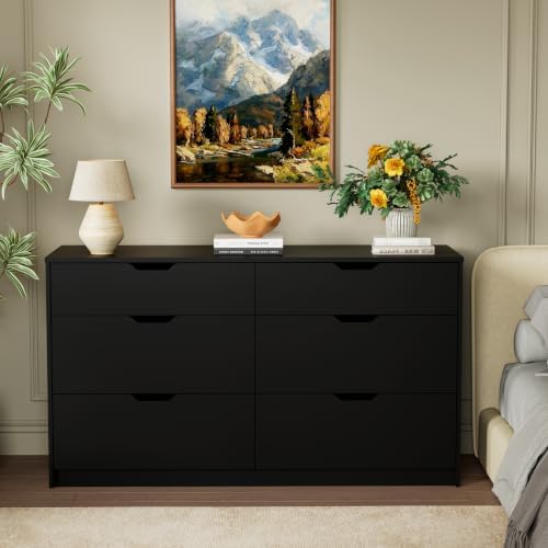 YESHOMY Black Dresser for Bedroom, 47.2" Modern Wood Chest with 6 Drawers