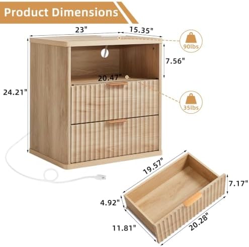 LEYAOYAO Fluted Nightstand Set of 2 with Charging Station,23" Modern Nightstand with Wood Grain Top, 2 Drawer End Table w/Storage, BedsideTable for Bedroom, Living Room, Natural