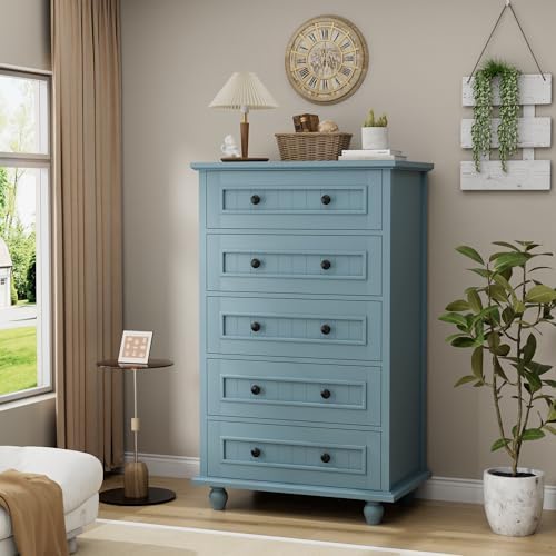 42.7'' Tall 5 Drawer Dresser for Bedroom, Vintage Blue Wood Storage Chest