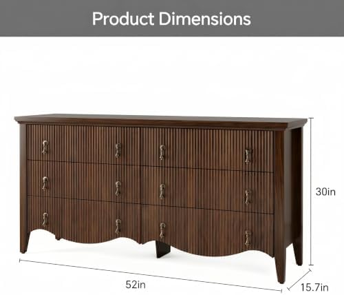 FUSUNBAO 6-Drawer Fluted Dresser, 52" Wide Double Chest of Drawers,Walnut