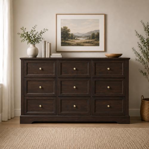 LOUVIXA Farmhouse Dresser 9 Drawer, Bedroom Chest of Drawers, Dressers with 9 Drawers, Wooden Dressers for Bedroom, Living Room, Tv Stand, Entryway(Vintage Brown)
