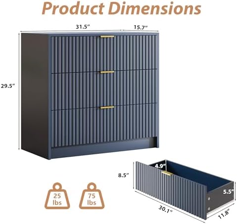 MAISONARIA Fluted Dresser for Bedroom, 32 Inch Wide Nightstand with Large Drawer, 3 Drawer End Table for Bedroom, Living Rooms, Offices, and Entryways, Navy Blue