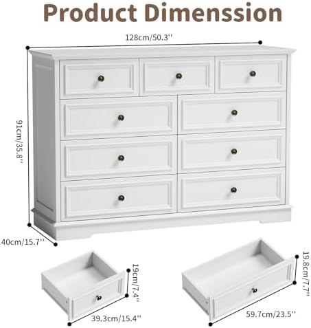 51" Wide Farmhouse 9 Drawer Dresser for Bedroom, White