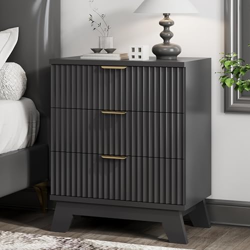 Xixini Fluted Nightstand with 3 Drawers, 24" Wide Side Table, Black