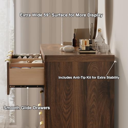 Fluted 9 Drawer Dresser for Bedroom, 59" Horizontal Wide Modern Low Profile Chest of Drawers with Metal Handle & Storage, Long Wooden Dresser TV Stand for Living Room & Closet, Walnut Brown Dresser