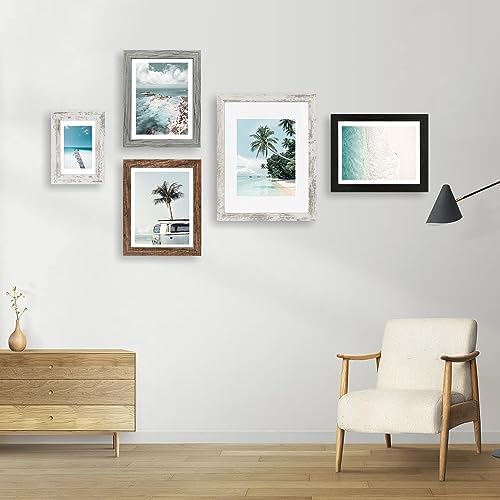 Hongkee 10x14 Picture Frame Set of 4, Made of Glass and Grey Wooden Frame, Display 8x12 Pictures with Mat or 30 x 40cm Diamond Painting Art without Mat for Wall Mounting, Gallery Photo Frames