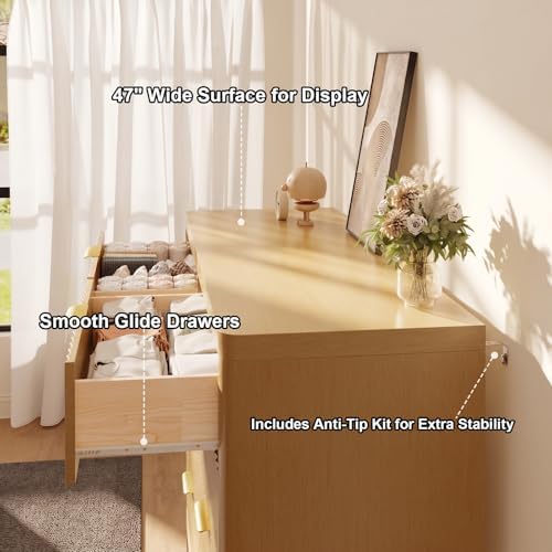 Fluted 8 Drawer Dresser for Bedroom, 47" Wide Modern Chest of Drawers with Metal Handle & Storage, Wooden Dresser TV Stand, Closet Clothes Storage Organizer for Living Room, Natural Oak Dresser