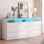 Gyfimoie 63" White 9-Drawer Dresser for Bedroom w/Power Outlet, LED Light