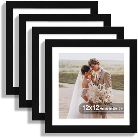 Hongkee 12x12 Picture Frame Set of 4 - Made of Glass and Black Wooden Frame, Display Square Pictures 10x10 with Mat or 12 x 12 without Mat, Desktop & Wall Collage Photo Frame