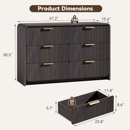 47" Fluted 6 Drawer Dresser for Bedroom, Living Room, Entryway Black Walnut