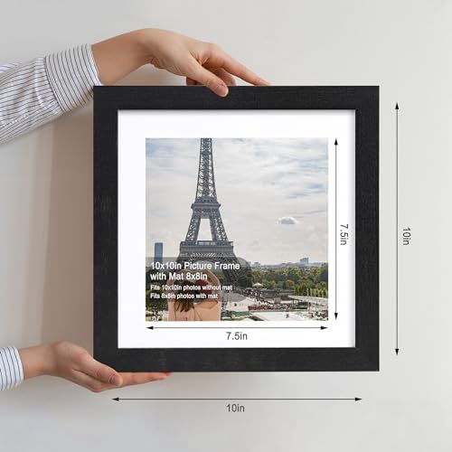 Hongkee 10x10 Picture Frame Set of 4, Made of Glass and Rustic Black Wooden Frame - Display Picture 8x8 with Mat or 10 x 10 Without Mat, 10 by 10 Photo for Wall or Tabletop