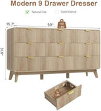 QUW Fluted 59.1" Wide Modern Dresser for Bedroom with 9 Drawers, Tall Chest of Drawers with Metal Handle, Wooden Dresser TV Stand, Hallway, Living Room, Natural Oak