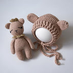 Zeroest Newborn Photography Outfits Boy Girl Bear Props Baby Photoshoot Crochet Bonnet Stuffed Animals for Newborn Photo - color: Light Camel