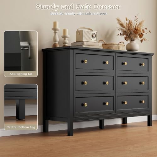 CARPETNAL 47" Black Dresser for Bedroom with Modern Gold Handles & 6 Drawer