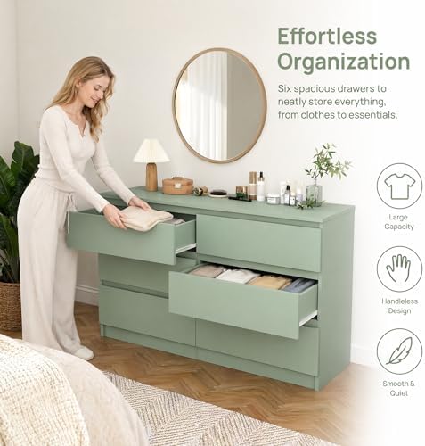 Green Dresser for Bedroom, Modern Large 6 Drawer Dresser with Deep Drawer,Wide Storage Chest of Drawers,TV Stand for Living Room