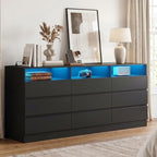 Gyfimoie 63" Black 9-Drawer Dresser for Bedroom w/Power Outlet, LED Light