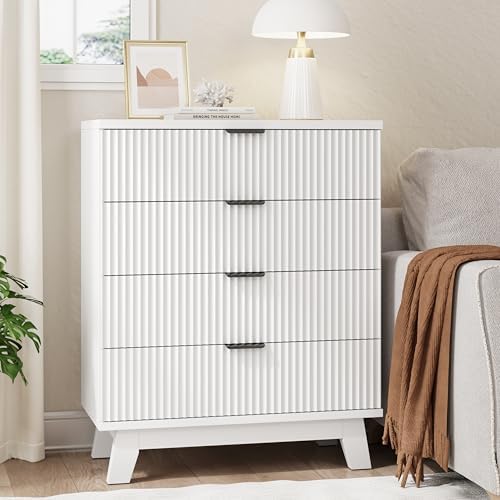 Xixini Fluted Nightstand with 4 Drawers, 31.5" Wide Side Table, White