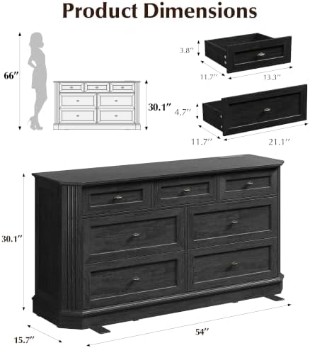 7 Drawers Dresser for Bedroom, 54" Wide Chest of Drawers w/Charging Station