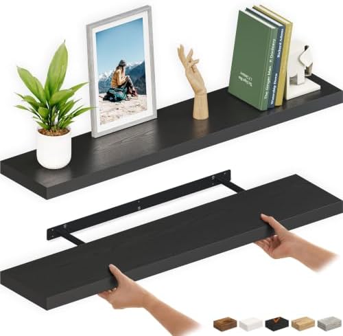 Ballucci Floating Shelves for Wall, 48" Wood Wall Shelf Set of 2, with Invisible Brackets for Bathroom, Living Room, Bedroom, Kitchen, Nursery, 8" Deep, Black
