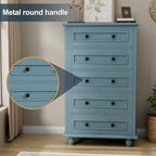 42.7'' Tall 5 Drawer Dresser for Bedroom, Vintage Blue Wood Storage Chest