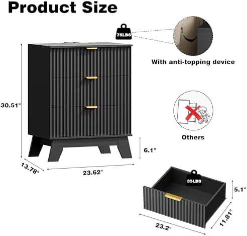 Xixini Fluted Nightstand with Charging Station, Tall Bedside Table, Black