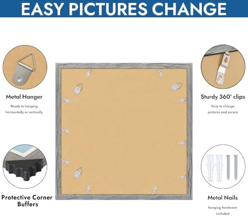 Hongkee 16x16 Frame Set of 4, 16 x 16 Grey Wood Style(Mat 12x12)