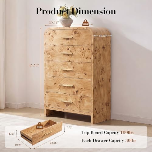 Curved Drawer Dresser for Bedroom with 5 Drawers, 31'' Wide Chest of Drawer