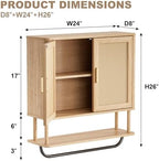 INNOD Rattan Bathroom Wall Cabinet with Towel Bar, Wall-Mounted Medicine Cabinet with Adjustable Wood Shelf & Doors, Over the Toilet Storage Cabinet for Laundry Room & Kitchen & Living Room