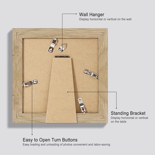Hongkee 6x6 Picture Frame Set of 4, Made of Glass and Natural Oak Wooden Frame - Display Picture 4x4 with Mat or 6 x 6 Without Mat, 6x6 Photo for Wall or Tabletop