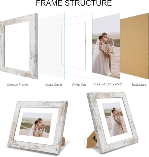 Hongkee 6x8 Picture Frame Set of 4, Made of Real Glass and Multicolour Frame - Display Picture 4x6 with Mat or 6x8 Without Mat, 6 by 8 Photo for Wall or Tabletop