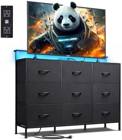 WLIVE Black Dresser TV Stand 9 Drawers, Fabric Chest of Drawers LED Lights