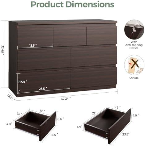Jocoevol Modern Brown 7 Drawer Dresser for Bedroom, Simply Chest of Drawers, Wood Storage Dresser with Deep Drawers for Living Room Hallway Entryway, Brown