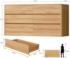 TEENFON 55" Dresser for Bedroom with 6 Drawers, Dressers & Chests of Drawers with Curved Profile Design, 6 Drawer Dresser, Bedroom Dressers, Wood Dressers for Bedroom, Hallway, Natural